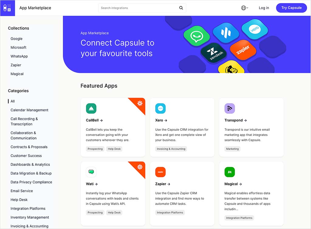 The Capsule CRM app marketplace