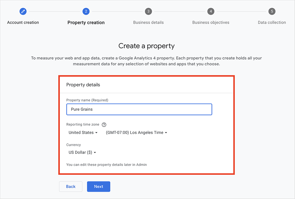 Entering 'property' details in google Analytics.