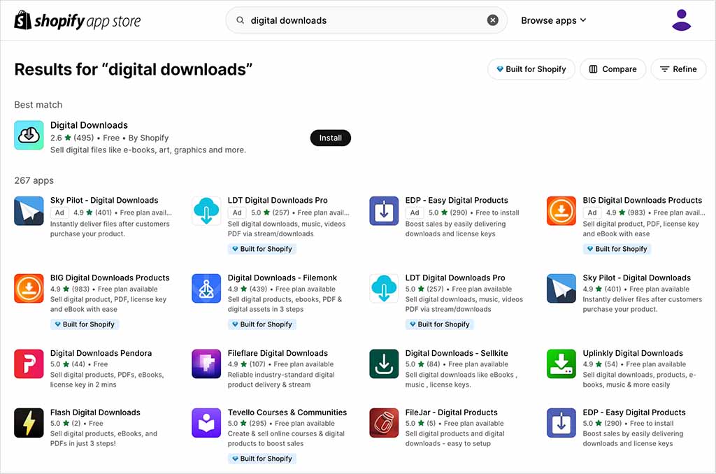 Digital downloads apps in the Shopify app store.