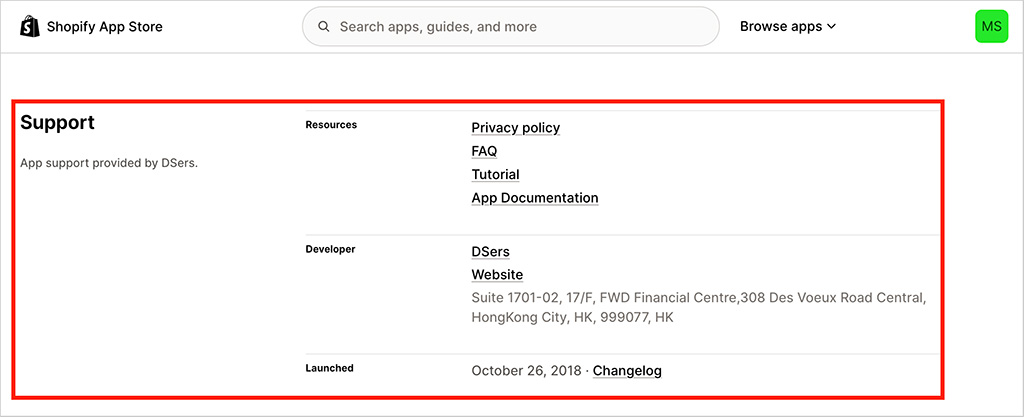 Dropshipping app support information.
