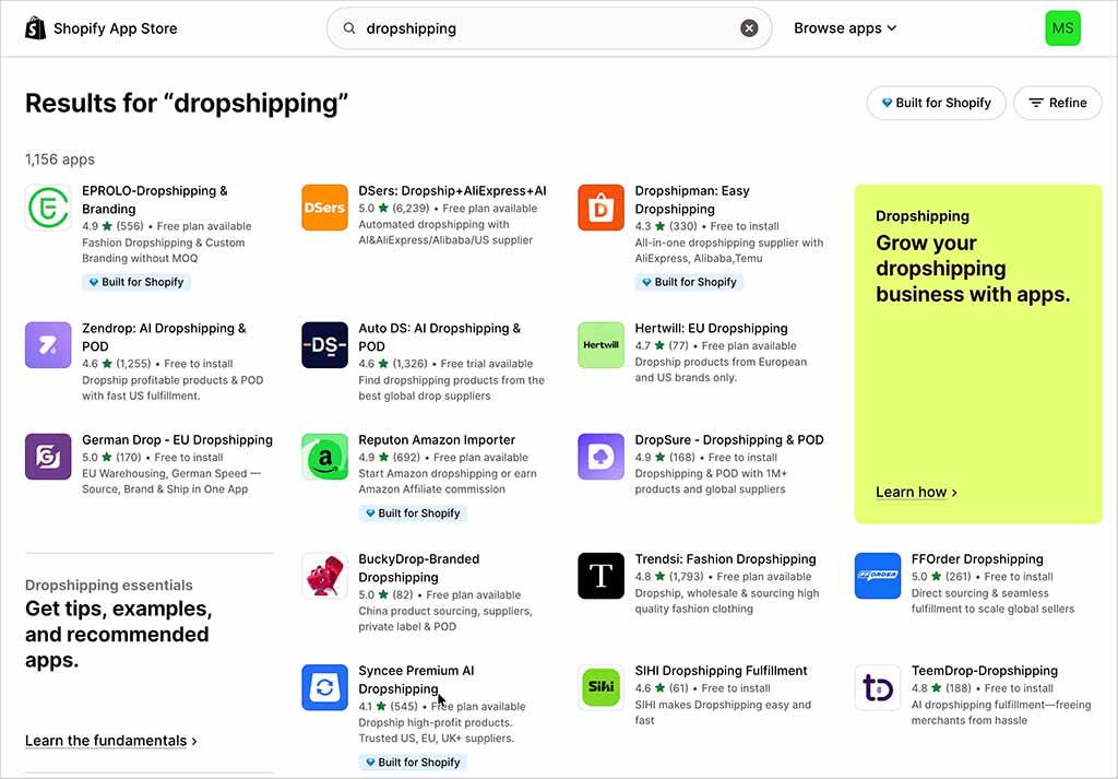 Dropshipping apps in the Shopify App Store