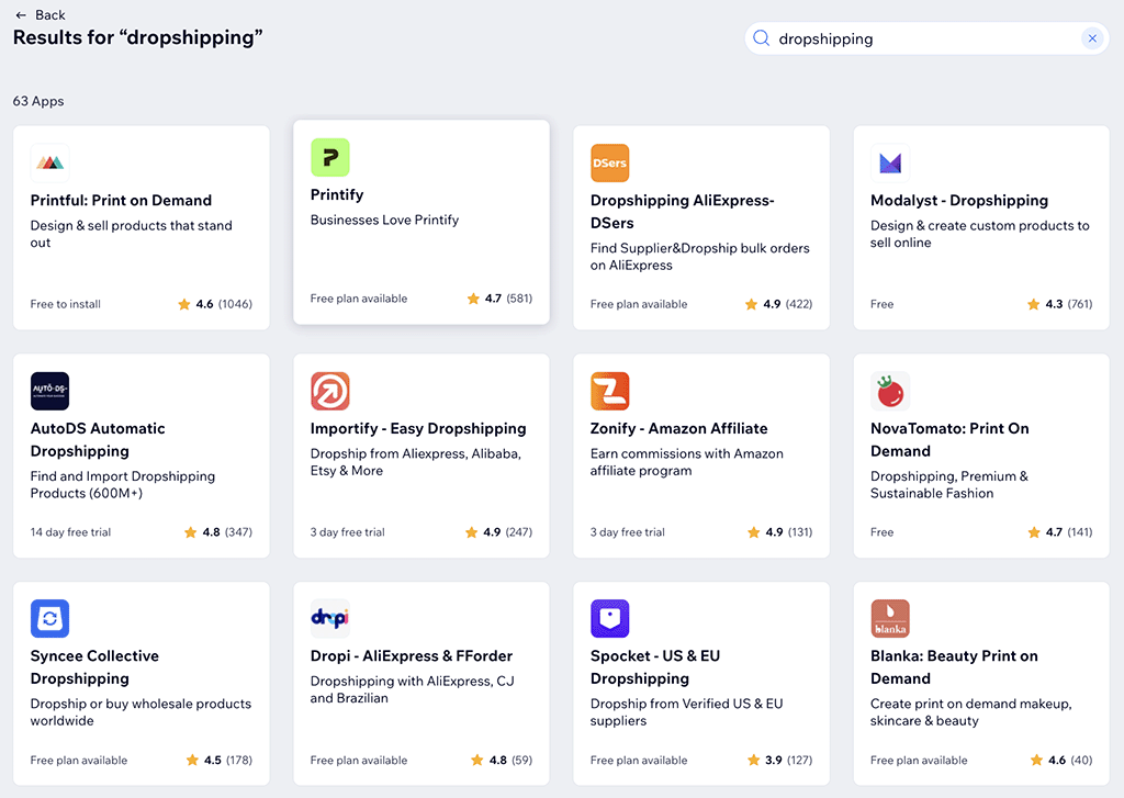 Some of the dropshipping apps and integrations available for Wix