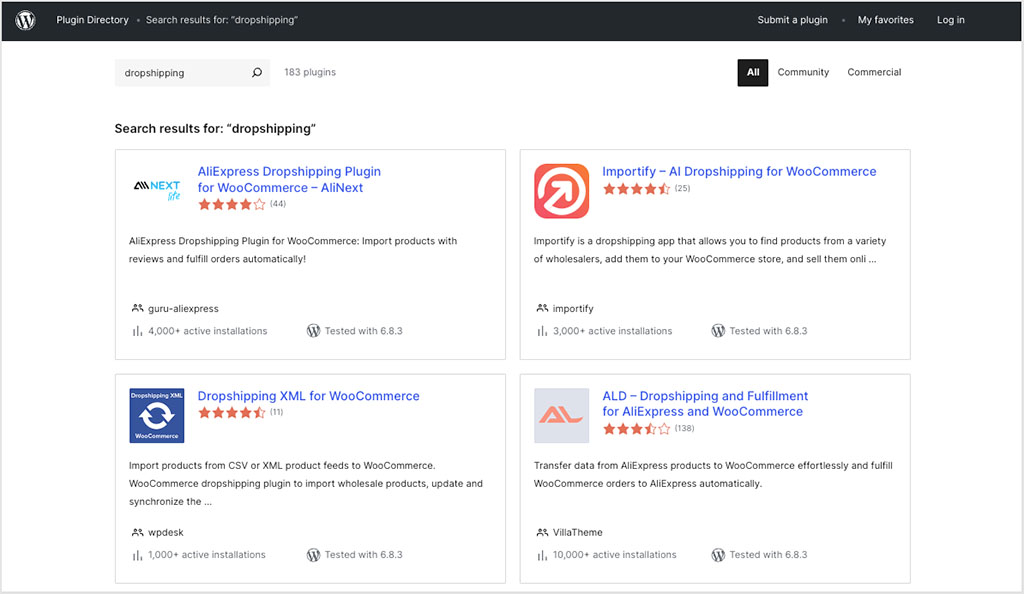 Dropshipping plugins in the Wordpress plugin directory