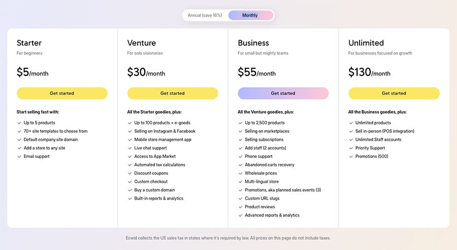 Ecwid pricing table (May 2025)