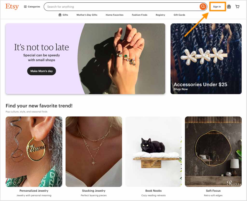 Etsy home page