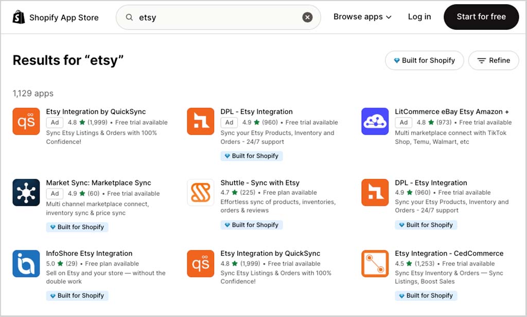 Etsy-related apps in Shopify