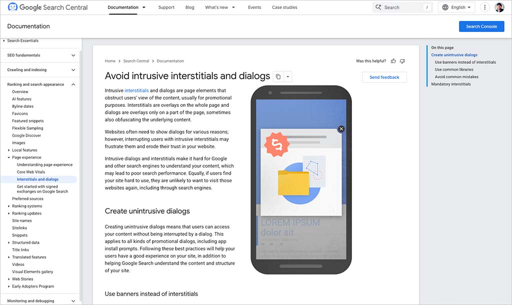 Google's guidelines on avoiding the use of popups (or 'intrusive interstitials') on smartphones and other mobile devices
