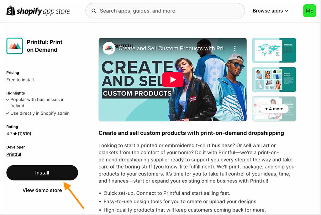 The Printful app in the Shopify app store.