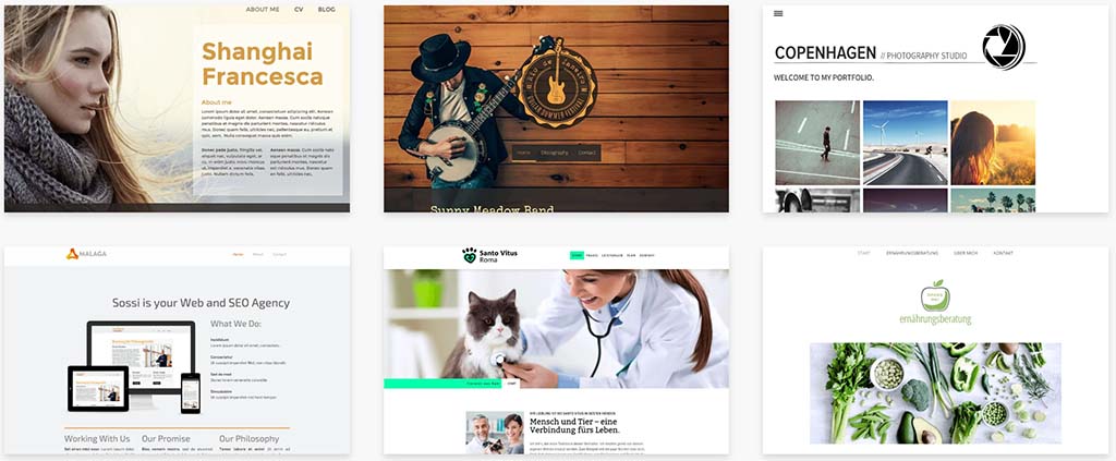 Examples of some of the available templates in Jimdo.