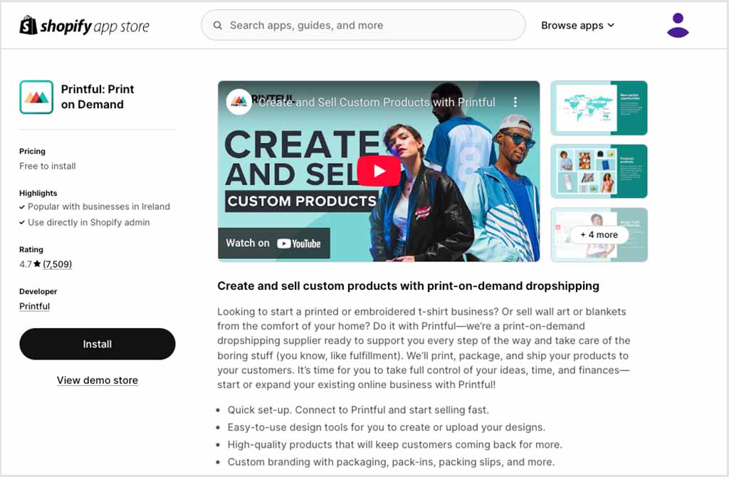 The Printful app in the official Shopify app store.