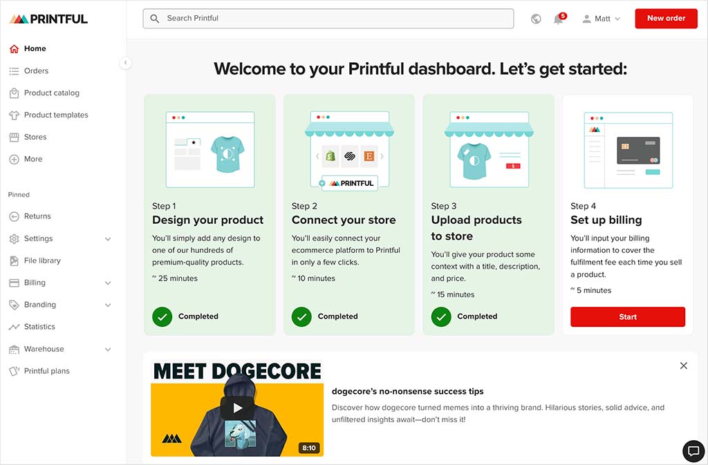 Printful dashboard.