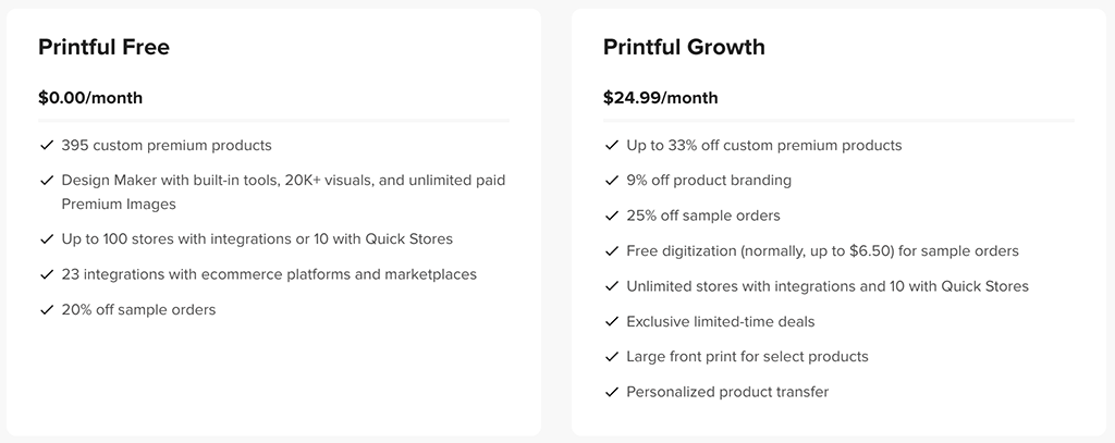 Printful 'Growth' features and discounts