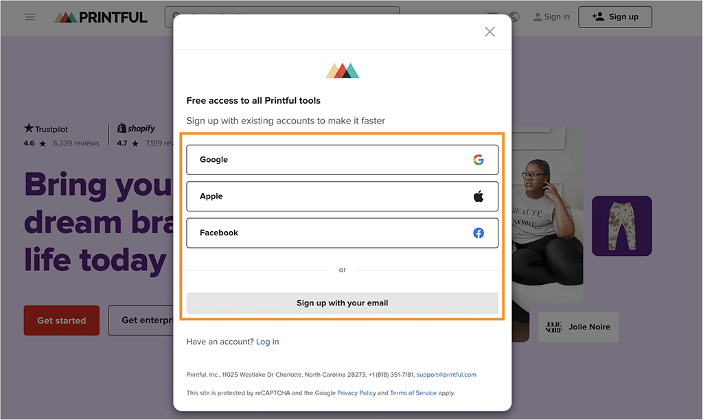 Printful signup page