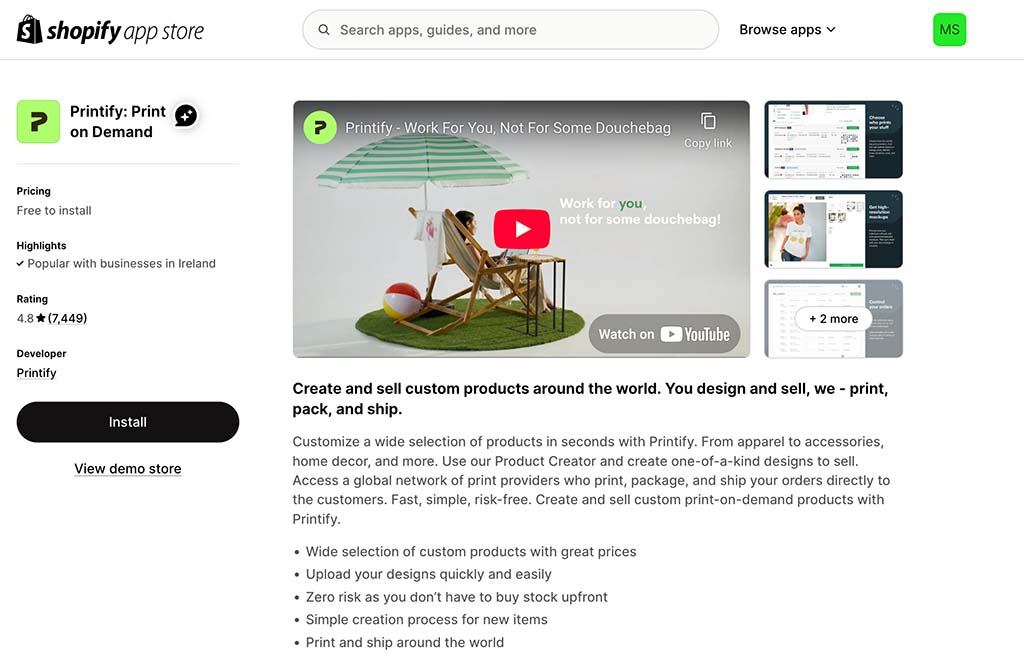 Printify's official app in the Shopify app store