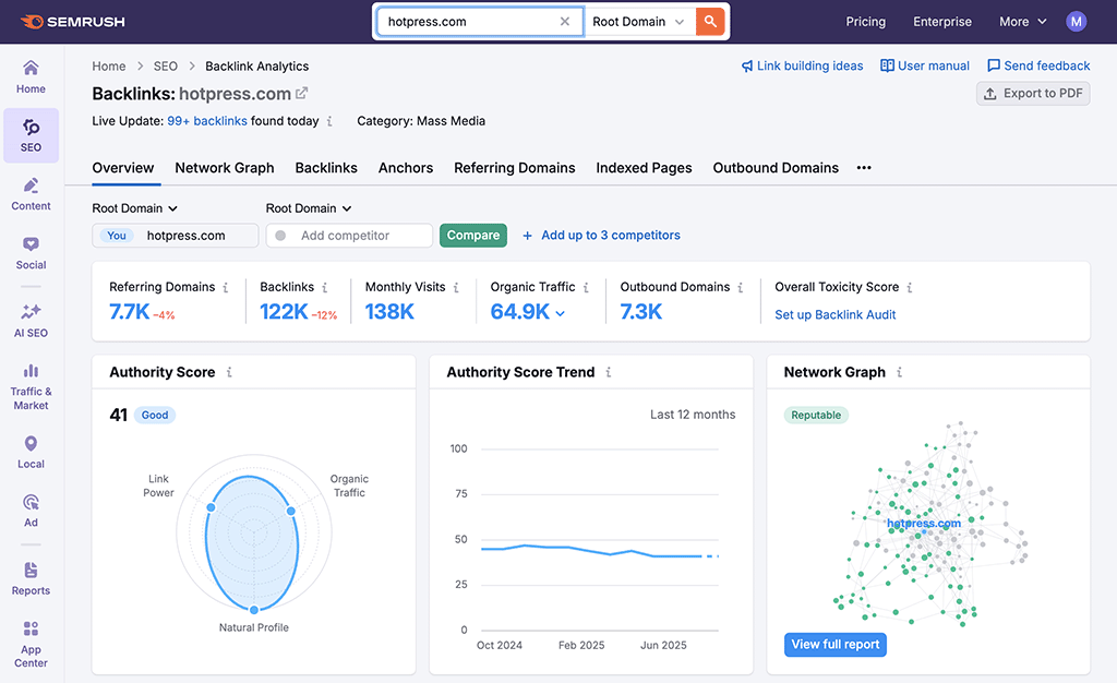 Backlink analysis in Semrush