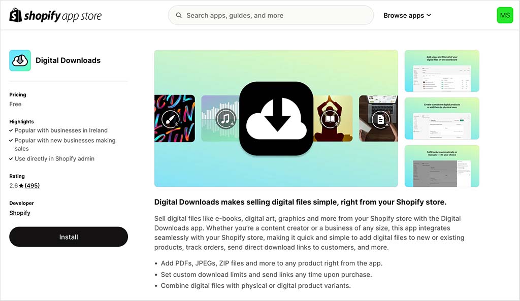 The 'Digital Downloads' app in the Shopify app store