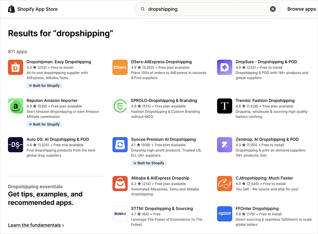 Dropshipping apps for Shopify — there are over 800 available at the time of writing