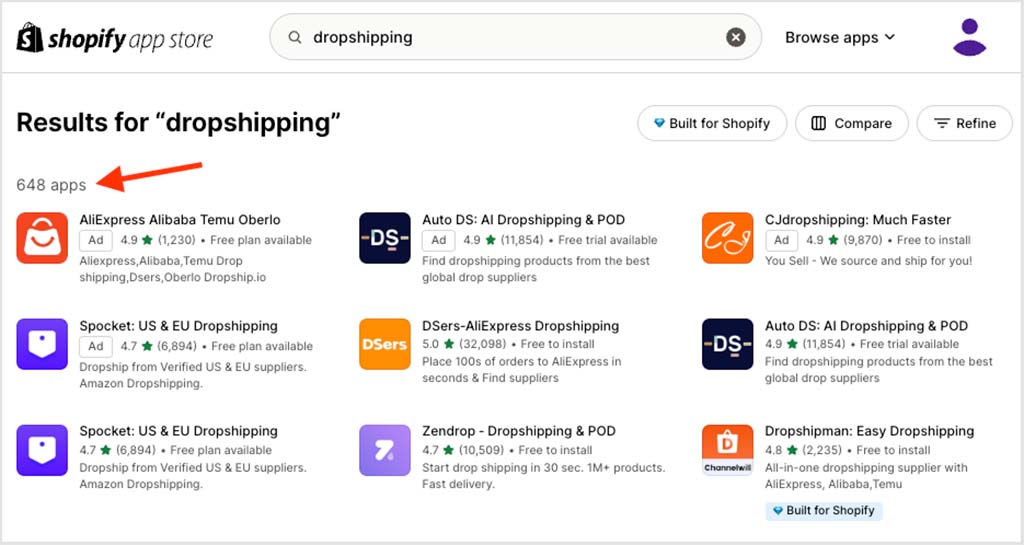 Dropshipping apps in Shopify – at time of writing (May 2025), there are 648 available