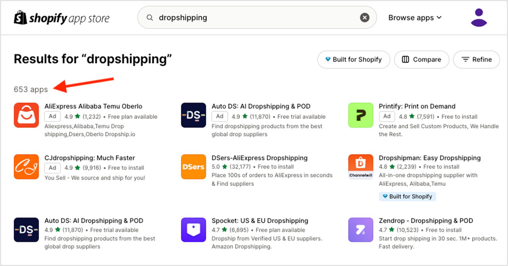 Some of the 653 dropshipping apps that I found in the Shopify app store