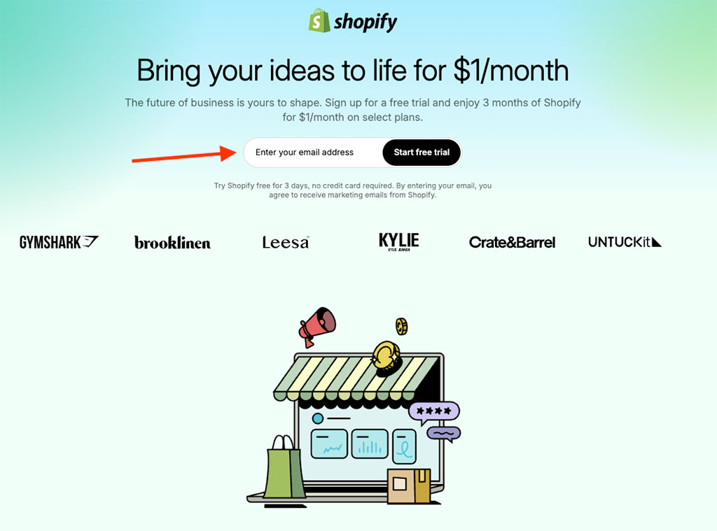 The Shopify free trial landing page (2025)