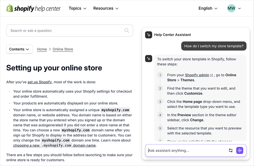 Accessing customer support in the Shopify help center