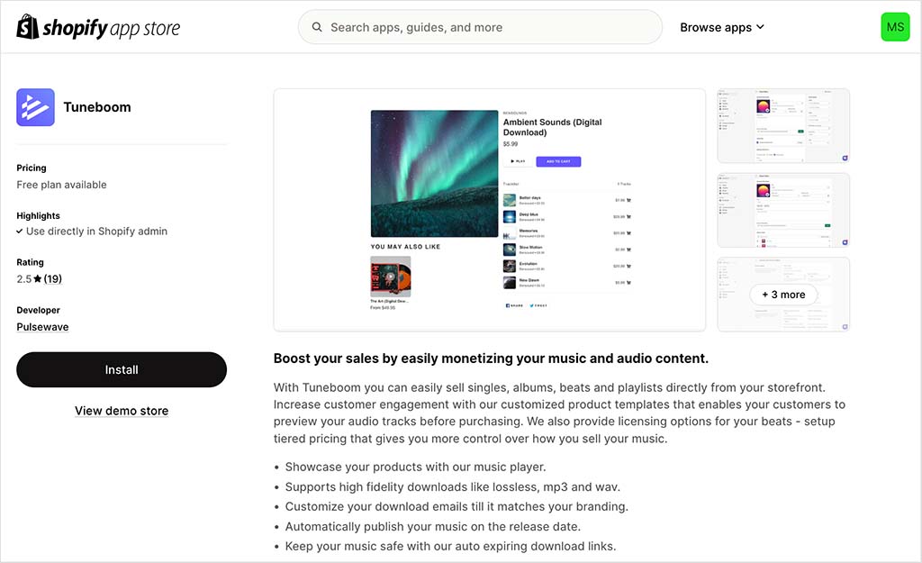 The Tuneboom app in the Shopify app store.