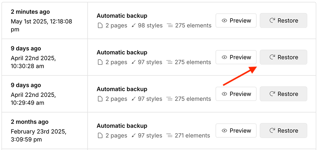 Webflow backup functionality