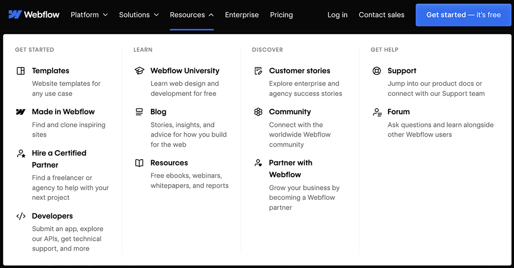 The mega menu of the Webflow platform.