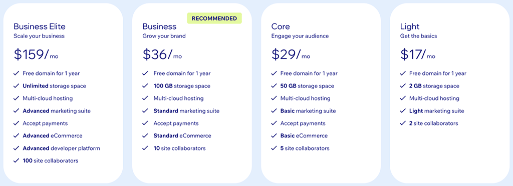 Wix pricing plans
