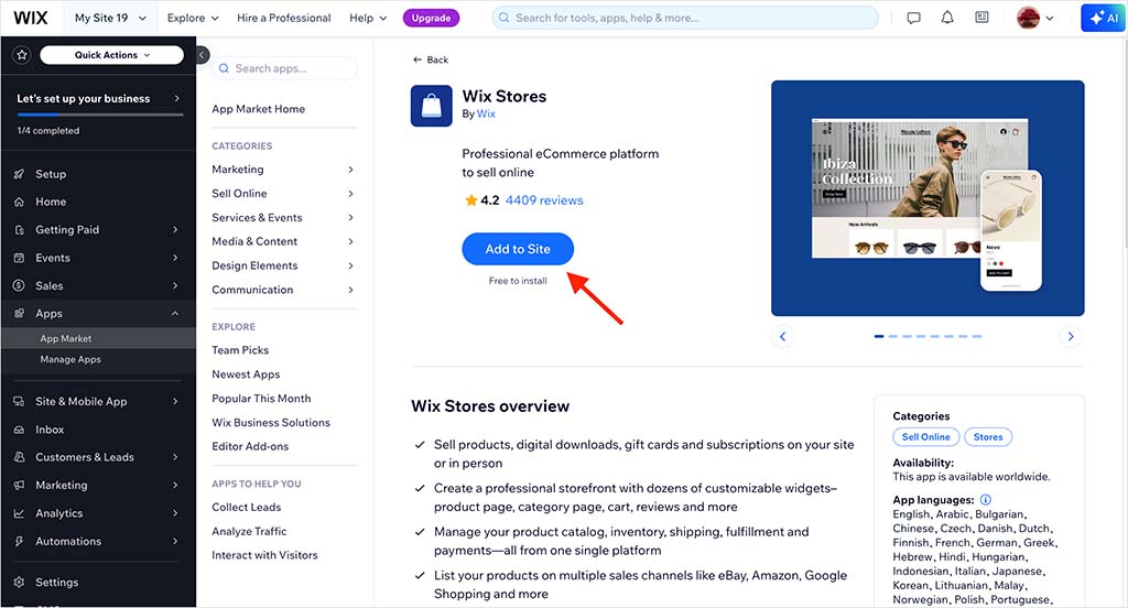 Adding the Wix Stores app.