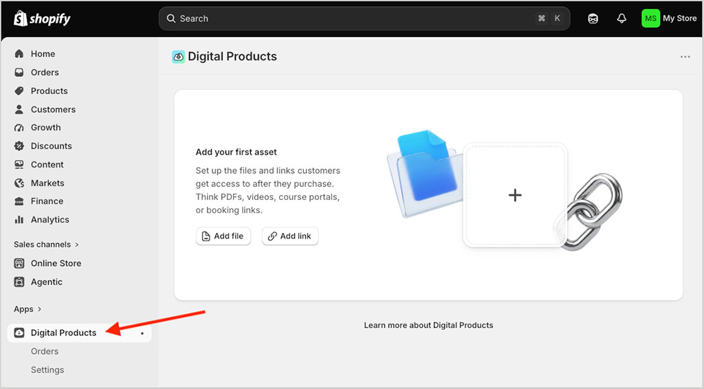 Accessing the 'Digital Products' app in the Shopify dashboard.
