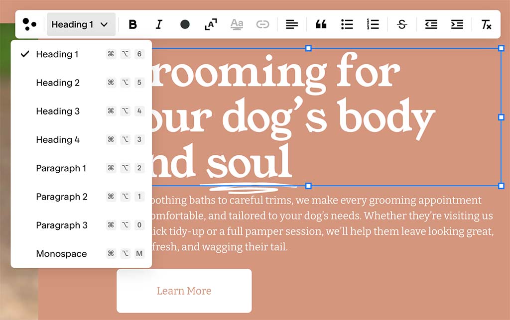 Adding a heading in Squarespace