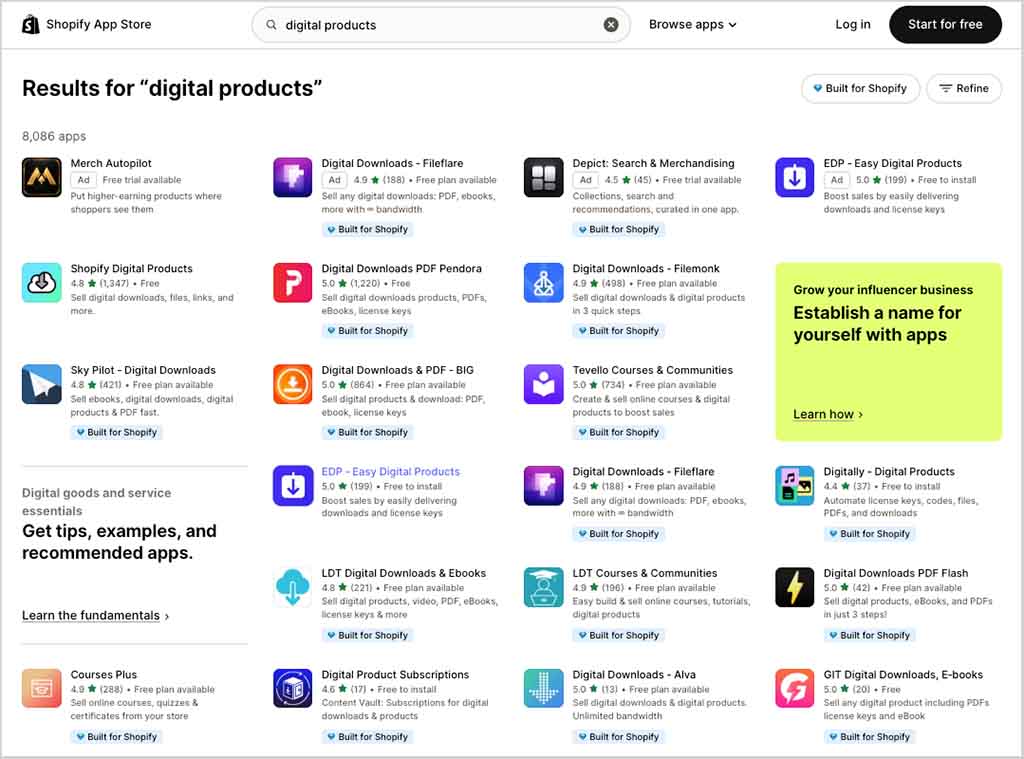 Digital product apps in the Shopify app store.