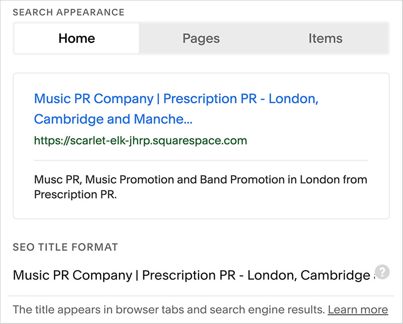 Home page SEO settings in Squarespace