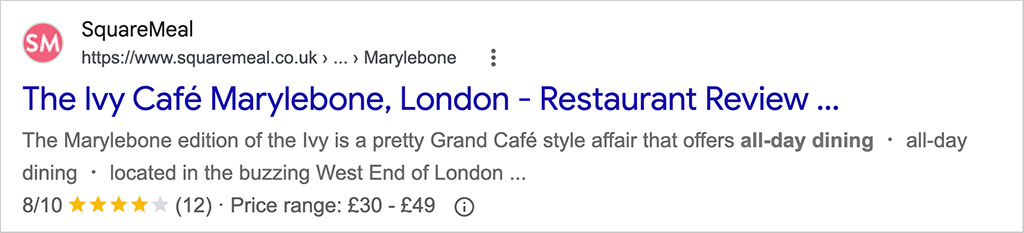 Example of rich snippets and Schema markup being used