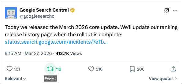 The March 2026 Core Update being announced by Google