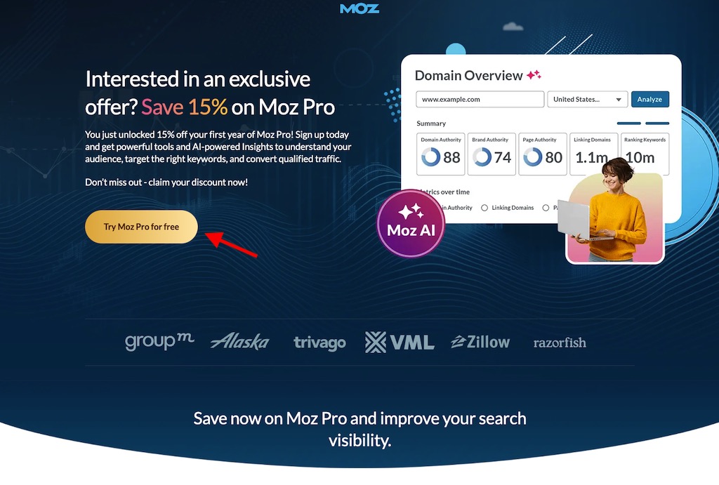 The Moz free trial signup page