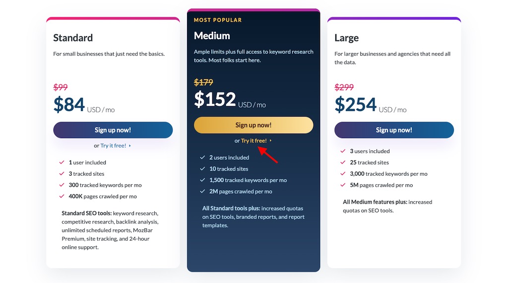 Selecting a Moz free trial
