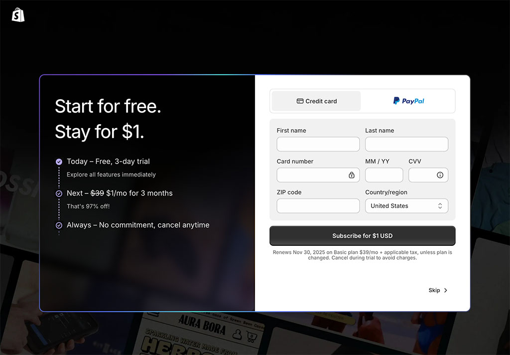 Activating your $1 for 3 months Shopify trial by entering credit card details