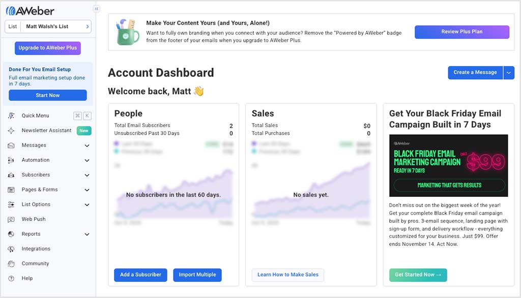 The AWeber interface uses a traditional-style menu