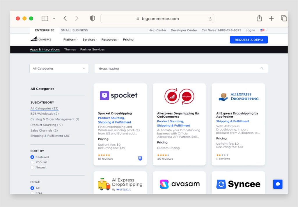 Examples of dropshipping apps in the BigCommerce app store