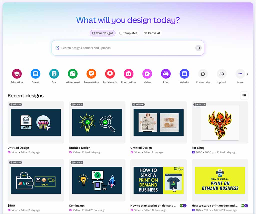 The home page of the Canva interface