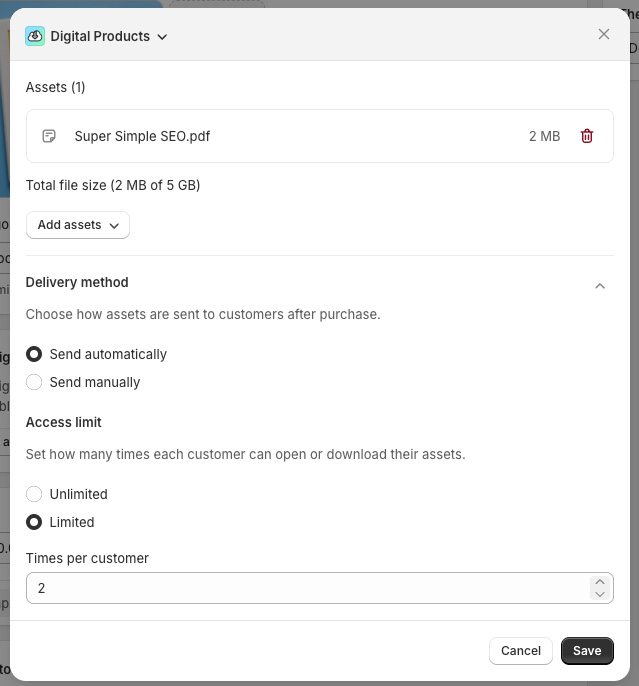 Digital product fulfillment settings