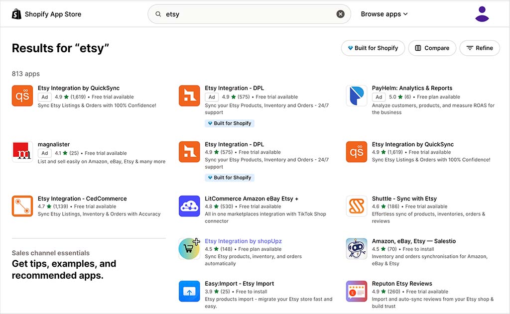 Etsy apps in the Shopify app store
