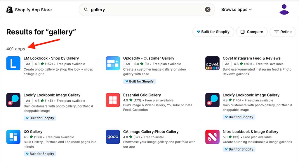 Gallery apps in the Shopify app store