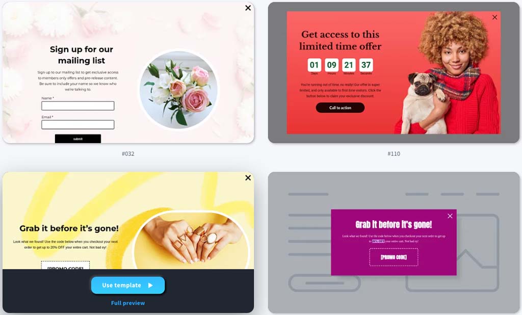 Examples of pop-up form templates in GetResponse