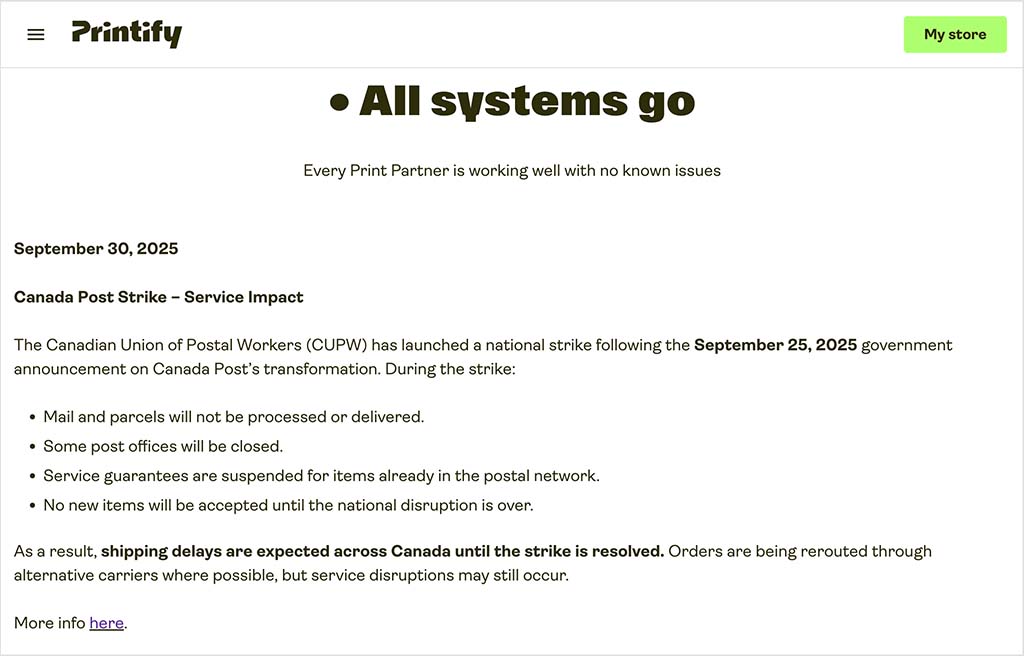 Printify print provider status page.