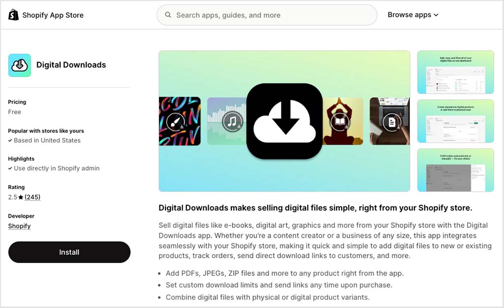 The 'Digital Downloads' app in the Shopify app store