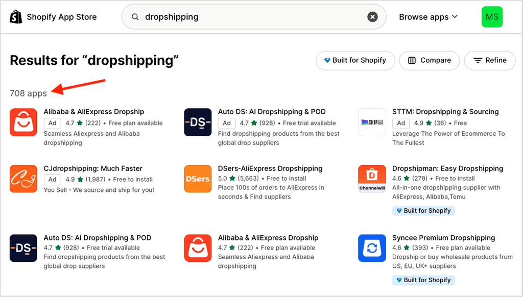 Some of the 708 dropshipping apps currently available for Shopify