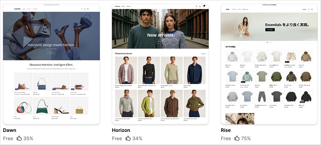 Examples of free Shopify themes — the ‘Dawn,' Horizon' and 'Rise' templates.
